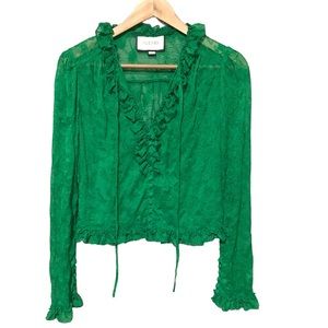 ALEXIS Green Lace Pattern Tie Neck Blouse XS